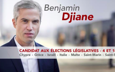 Affiche de campagne de Benjamin Djiane, candidat du PS dans la 8e circonscription des Français de l'étranger. (Crédit : autorisation) Affiche de campagne de Benjamin Djiane, candidat du PS dans la 8e circonscription des Français de l'étranger. (Crédit : autorisation)