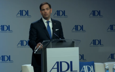 Marco Rubio, sénateur républicain de Floride, devant le sommet national annuel de l'Anti-Defamation League à l'hôtel Mayflower de Washington, D.C., le 9 mai 2017. (Crédit : capture d'écran)