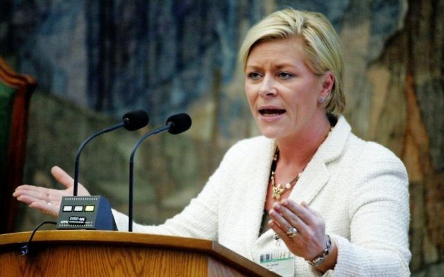 La ministre norvégienne des finances Siv Jensen. (Crédit : CC BY 2.5 dk, Magnus Fröderberg, Wikimedia Commons)