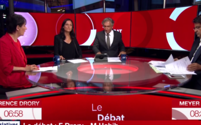 Le débat du 15 juin 2017 d'entre-deux-tours entre Florence Drory et Meyer Habib fut dominé par les questions israéliennes (Crédit: capture d'écran I24News)