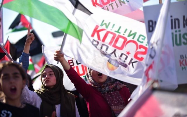 Des milliers de Turcs ont manifesté à Istanbul après la crise au mont du Temple à Istanbul, le 30 juillet 2017 (Crédit : AFP / YASIN AKGUL)