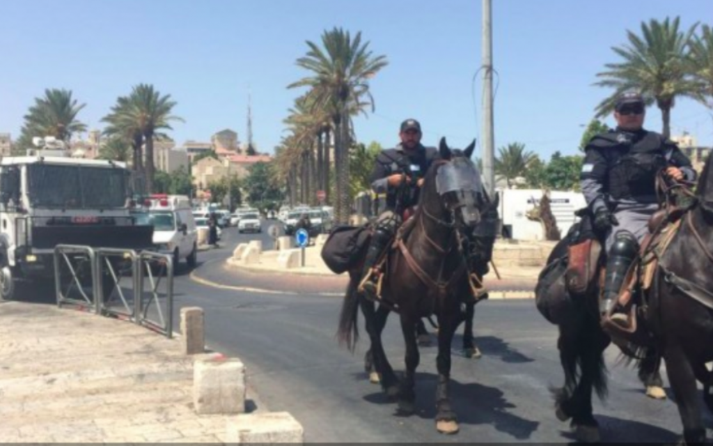 La police se tient à l'extérieur de la porte de Damas près de la Vieille Ville de Jérusalem le 28 juillet 2017. (Crédit : Judah Ari Gross / Times of Israel)