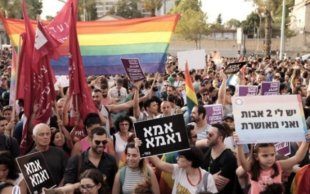 Des milliers de personnes manifestent pour le droit des couples LGBT à adopter des enfants lors d'un rassemblement à Tel Aviv, le 20 juillet 2017 (Crédit : Tomer Neuberg/FLASH90) Des milliers de personnes manifestent pour le droit des couples LGBT à adopter des enfants lors d'un rassemblement à Tel Aviv, le 20 juillet 2017 (Crédit : Tomer Neuberg/FLASH90)