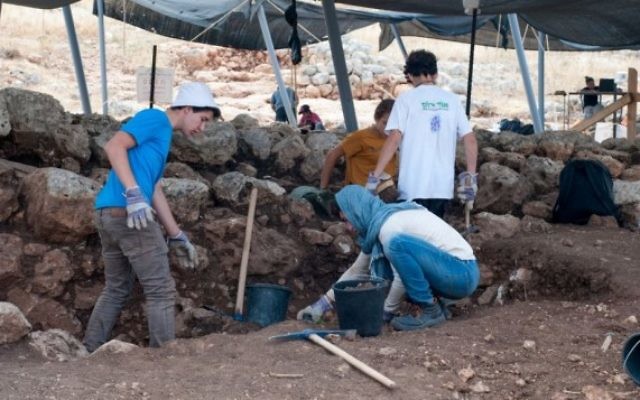 Des dizaines de lycéens prennent part aux fouilles organisées à Rosh HaAyin,durant l'été 2017. (Crédit : Gili Stern, IAA)