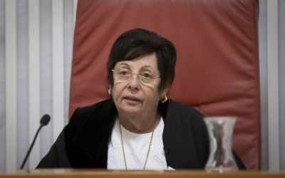 Miriam Naor, présidente de la Cour suprême, à Jérusalem, le 26 décembre 2016. (Crédit : Yonatan Sindel/Flash90) Miriam Naor, présidente de la Cour suprême, à Jérusalem, le 26 décembre 2016. (Crédit : Yonatan Sindel/Flash90)