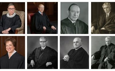 Les huit juges juifs de la Cour suprême, dans le sens des aiguilles d'une montre, en partant d'en haut à gauche: Ruth Bader Ginsburg; Stephen Breyer; Abe Fortas; Louis Brandeis; Benjamin Cardozo; Felix Frankfurter; Arthur Goldberg; Elena Kagan. (Crédit : Photos de Ginsburg, Breyer et Kagan par Steve Petteway, les autres sont de Harris & Ewing / toutes sont issus de la Collection de la Cour suprême des États-Unis)