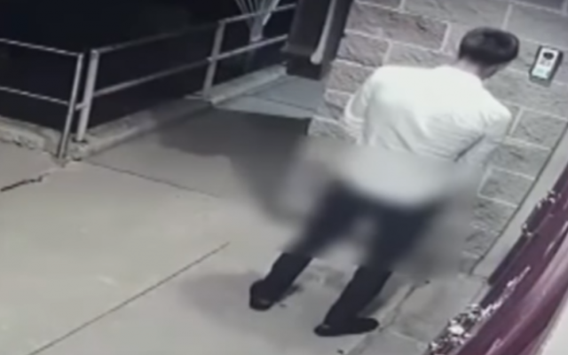 Vidéo de surveillance d'un homme urinant près de l'entrée d'une synagogue de Philadelphie, le 13 août 2017. (Crédit : capture d'écran YouTube)
