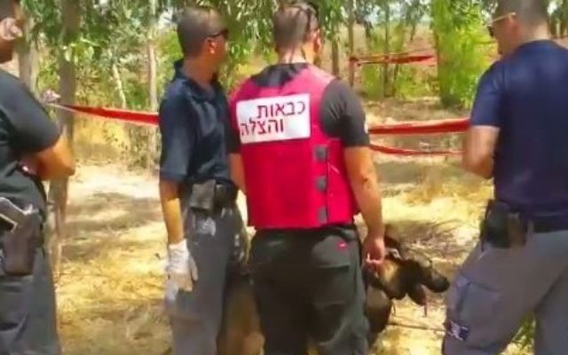 Policiers sur la scène de la découverte d'un corps brûlé à côté d'une voiture carbonisée, près de Tel Adashim, le 27 août 2017. (Crédit : capture d'écran Dixième chaîne)