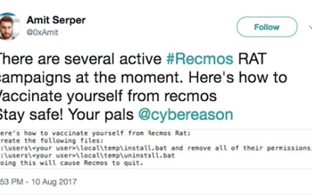 Les instructions pour contrer les attaques au Remcos RAT, sur Twitter. (Crédit : Cyberreason)