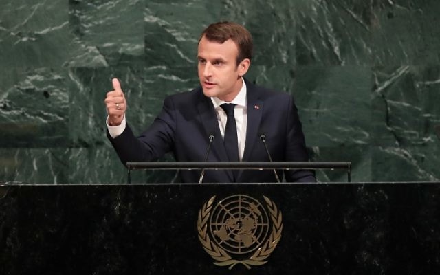 Emmanuel Macron, lors de la 72ème Assemblée générale de l'ONU à New York, le 19 septembre 2017. (Crédit : Drew Angerer/Getty Images North America/AFP) Emmanuel Macron, lors de la 72ème Assemblée générale de l'ONU à New York, le 19 septembre 2017. (Crédit : Drew Angerer/Getty Images North America/AFP)