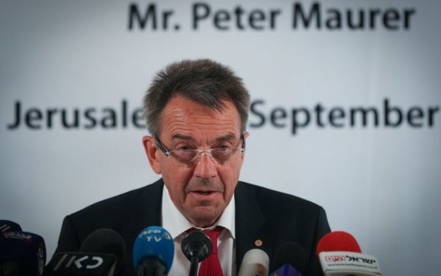 Le président de l'ICRC Peter Maurer lors d'une conférence de presse à l'American Colony Hotel à Jérusalem Est, le 7 septembre 2017. (Crédit : Yonatan Sindel/Flash90)