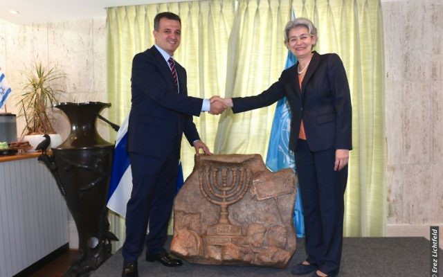 L'ambassadeur israélien auprès de l'UNESCO, Carmel Shama-Hacohen, avec la directrice générale de l'agence culturelle, Irina Bokova, le 26 septembre 2017. (Crédit : Erez Lichtfeld) L'ambassadeur israélien auprès de l'UNESCO, Carmel Shama-Hacohen, avec la directrice générale de l'agence culturelle, Irina Bokova, le 26 septembre 2017. (Crédit : Erez Lichtfeld)