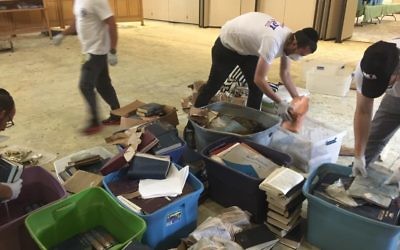 Les bénévoles israéliens de ZAKA aident à nettoyer une synagogue à Houston, au Texas, après le passage de la tempête Harvey, le 3 septembre 2017 (Crédit : Joshua Wander)