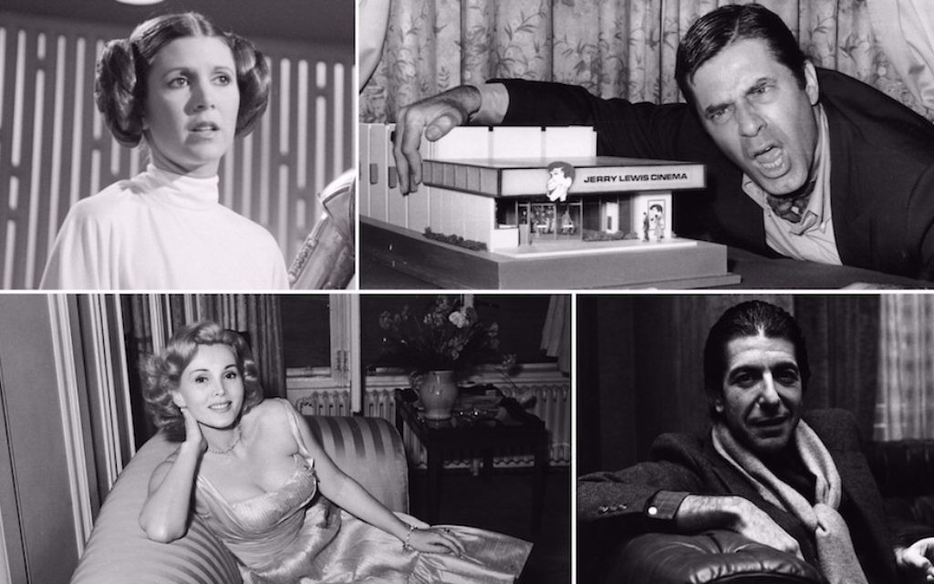 Dans le sens des aiguilles d'une montre, depuis en haut à gauche : Carrie Fisher, Jerry Lewis, Leonard Cohen et Zsa Zsa Gabor. (Crédit : Getty Images/via JTA) Dans le sens des aiguilles d'une montre, depuis en haut à gauche : Carrie Fisher, Jerry Lewis, Leonard Cohen et Zsa Zsa Gabor. (Crédit : Getty Images/via JTA)