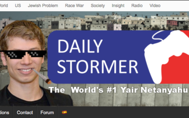 Le site internet néo-nazi Daily Stormer présente en page d'accueil Yair Netanyahu, le fils du Premier ministre Benjamin Netanyahu, le 12 septembre 2017. (Crédit : capture d'écran) Le site internet néo-nazi Daily Stormer présente en page d'accueil Yair Netanyahu, le fils du Premier ministre Benjamin Netanyahu, le 12 septembre 2017. (Crédit : capture d'écran)
