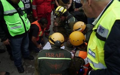 Sauveteurs mexicains et israéliens (en vert olive) à Mexico, en septembre 2017. (Crédit : armée israélienne)
