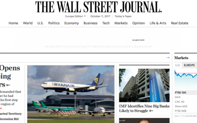 Capture d’écran de la page d'accueil du Wall Street Journal. Illustration Capture d’écran de la page d'accueil du Wall Street Journal. Illustration