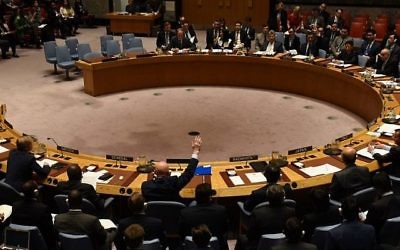 Le conseil de sécurité de l'ONU vote pour étendre les enquêtes sur la responsabilités des attaques aux armes chimiques en Syrie aux Nations-Unies, le 24 octobre 2017 (Crédit : AFP PHOTO / TIMOTHY A. CLARY)
