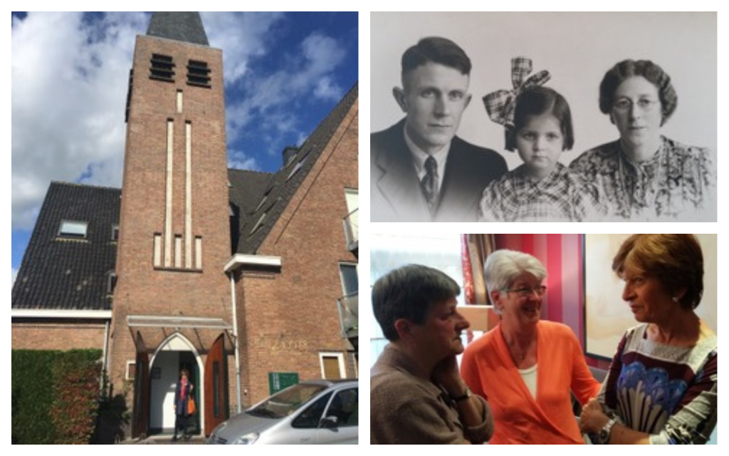 Dans le sens des aiguilles d'une montre, à partir de la gauche: L'église que Renate aurait fréquenté pendant la guerre; Aad et Fie Versnel avec Renate, vers 1945; Renate réunie en 2015 avec Cobi et Els après plus de 50 ans. (Crédit : Autorisation de Nadine Wojakovski) Dans le sens des aiguilles d'une montre, à partir de la gauche: L'église que Renate aurait fréquenté pendant la guerre; Aad et Fie Versnel avec Renate, vers 1945; Renate réunie en 2015 avec Cobi et Els après plus de 50 ans. (Crédit : Autorisation de Nadine Wojakovski)