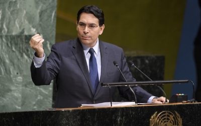 L'ambassadeur d'Israël auprès des Nations unies, Danny Danon s'adressant à l'Assemblée générale. (Crédit : Photo de l'ONU / Manuel Elias)