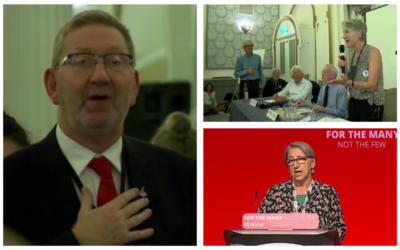 Des photos de la conférence du Jewish Voice for Labour (JVL) en 2017 :  Ken McCluskey, secrétaire général d'UNITE; Jenny Manson, présidente du JVL, présente le réalisateur  Ken Loach; Leah Lavane évoque son district de  Hastings and Rye . (Crédit : capture d'écran / YouTube)