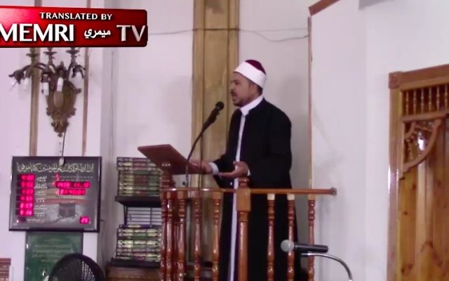 L'imam Aymen Elkasaby donne un sermon au Le Centre Islamique de Jersey City, aux Etats Unis, le 24 novembre (Crédit : Capture d'écran / Memri) L'imam Aymen Elkasaby donne un sermon au Le Centre Islamique de Jersey City, aux Etats Unis, le 24 novembre (Crédit : Capture d'écran / Memri)