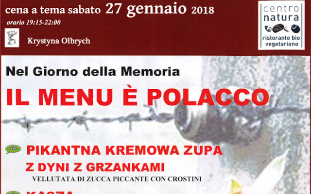 Le menu polonais d'un restaurant de Bologne, en Italie, à l'occasion de la Journée internationale de commémoration de la Shoah. (Crédit : capture d'écran du site Centro Natura via JTA) Le menu polonais d'un restaurant de Bologne, en Italie, à l'occasion de la Journée internationale de commémoration de la Shoah. (Crédit : capture d'écran du site Centro Natura via JTA)