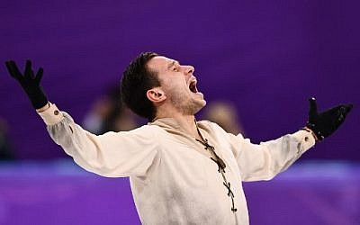 L'Israélien Alexei Bychenko lors du programme libre de patinage artistique dans l'épreuve masculine en solo,  au cours des Jeux Olympiques d'hiver 2018 de Pyeongchang à Gangneung, le 17 février 2018 (Crédit : / AFP PHOTO / ARIS MESSINIS)