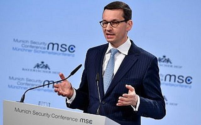 Le Premier ministre polonais Mateusz Morawiecki prononce un discours lors de la Conférence de Munich sur la sécurité le 17 février 2018, à Munich, dans le sud de l'Allemagne. (AFP PHOTO / Thomas KIENZLE)