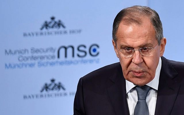 Le ministre russe des Affaires étrangères Sergei Lavrov prononce un discours lors de la Conférence de Munich sur la sécurité, le 17 février 2018, à Munich, en Allemagne. (AFP Photo/Thomas Kienzle) Le ministre russe des Affaires étrangères Sergei Lavrov prononce un discours lors de la Conférence de Munich sur la sécurité, le 17 février 2018, à Munich, en Allemagne. (AFP Photo/Thomas Kienzle)