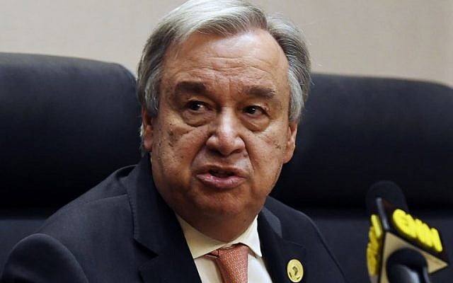 Le secrétaire général de l'ONU Antonio Guterres prend la parole lors d'une conférence de presse à Addis-Abeba le 28 janvier 2018. (AFP/ SIMON MAINA) Le secrétaire général de l'ONU Antonio Guterres prend la parole lors d'une conférence de presse à Addis-Abeba le 28 janvier 2018. (AFP/ SIMON MAINA)