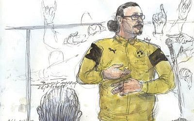 Esquisse du 26 janvier 2018, représentant Jawad Bendaoud à la barre durant son procès pour recel de malfaiteurs, lors des attentats de Paris en novembre 2015.. (Crédit : AFP / Benoit PEYRUCQ )