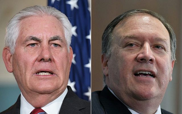 Cette combinaison montre le secrétaire d'Etat américain Rex Tillerson, à gauche, et le directeur de la CIA Mike Pompeo à Washington (Crédit : AFP PHOTO / MANDEL NGAN Cette combinaison montre le secrétaire d'Etat américain Rex Tillerson, à gauche, et le directeur de la CIA Mike Pompeo à Washington (Crédit : AFP PHOTO / MANDEL NGAN