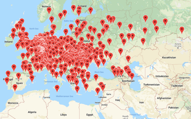 La Fondation pour le patrimoine juif a publié une carte qui permet aux utilisateurs de voir la liste des 3 318 synagogues existantes en Europe (Capture d'écran de la Fondation pour le patrimoine juif via JTA) La Fondation pour le patrimoine juif a publié une carte qui permet aux utilisateurs de voir la liste des 3 318 synagogues existantes en Europe (Capture d'écran de la Fondation pour le patrimoine juif via JTA)