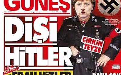 La une du quotidien turc pro-gouvernemental "Günes" présente un photomontage de la chancelière allemande Angela Merkel en uniforme nazi, le 17 mars 2017. (Capture d'écran Twitter)