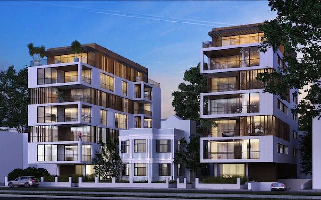 Les façades distinguées de la Villa Rothschild, qui s'étendent du numéro 62 au numéro 66 Boulevard Rothschild avec au centre la maison Awad, au style éclectique, dessinée par l'architecte Joseph Berlin (Autorisation : Architectes Bar Orian )