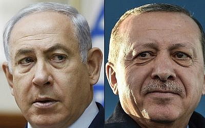 Le Premier ministre Benjamin Netanyahu, à gauche, et le président turc Recep Tayyip Erdogan, dans un montage photo fait le 1er avril 2018 (Crédit : RONEN ZVULUN AND OZAN KOSE/AFP)