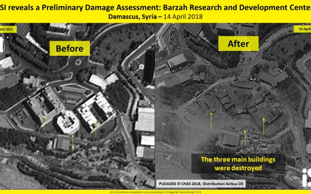 Une image satellite montre trois bâtiments de l'installation de recherche de Barzeh près de Damas, en Syrie, prétendument utilisés pour développer des armes chimiques, debout en 2013 (G) et détruits après une frappe des États-Unis, de la Grande-Bretagne et de la France le 14 avril 2018. (ImageSat International) Une image satellite montre trois bâtiments de l'installation de recherche de Barzeh près de Damas, en Syrie, prétendument utilisés pour développer des armes chimiques, debout en 2013 (G) et détruits après une frappe des États-Unis, de la Grande-Bretagne et de la France le 14 avril 2018. (ImageSat International)