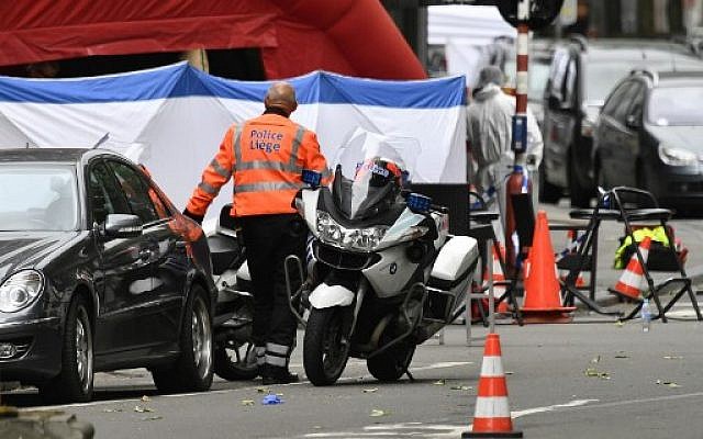 Les forces de police sur les lieux d'une fusillade à Liège, le 29 mai 2018. (Crédit : AFP PHOTO / BELGA / ERIC LALMAND)