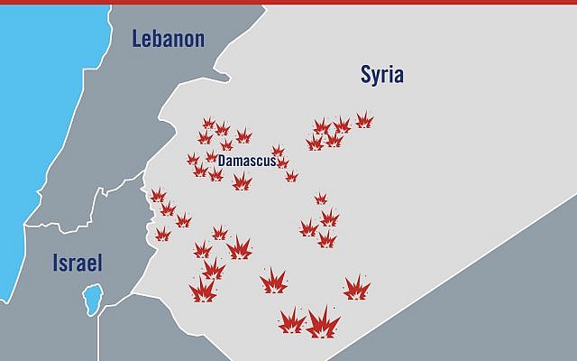 Une carte illustrant les localisations des frappes israéliennes en Syrie en réponse à une attaque iranienne présumée sur le plateau du Golan, le 10 mai 2018 (Crédit : Forces de défense israéliennes) Une carte illustrant les localisations des frappes israéliennes en Syrie en réponse à une attaque iranienne présumée sur le plateau du Golan, le 10 mai 2018 (Crédit : Forces de défense israéliennes)