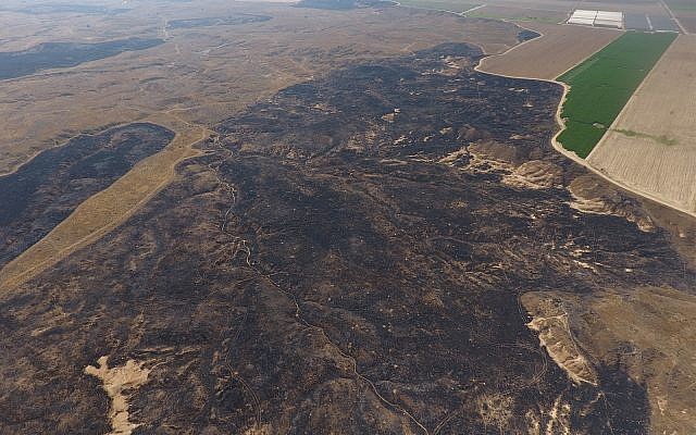 Les images de drone montrent les destructions massives causées par les cerfs-volants incendiaires dans la réserve naturelle de Beeri, adjacente à Gaza. (Crédit : DRONEIMAGEBANK)