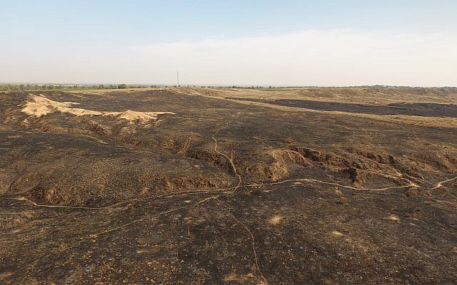Les images de drone montrent les destructions massives causées par les cerfs-volants incendiaires dans la réserve naturelle de Beeri, adjacente à Gaza. (Crédit : DRONEIMAGEBANK)