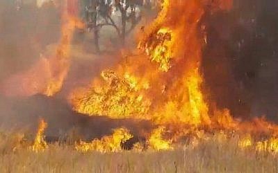 Un feu provoqué par des cerfs-volants incendiaires de Gaza brûle près du kibboutz Kissufim le 25 mai 2018. (Capture d'écran: Twitter)