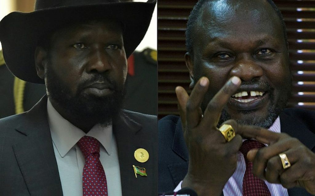 (MONTAGE) A gauche : le président du Soudan du Sud Salva Kir. A gauche , le chef rebelle du Soudan du Sud Riek Machar. (Crédit : AFP )/ SIMON MAINA AND ISAAC KASAMANI) (MONTAGE) A gauche : le président du Soudan du Sud Salva Kir. A gauche , le chef rebelle du Soudan du Sud Riek Machar. (Crédit : AFP )/ SIMON MAINA AND ISAAC KASAMANI)