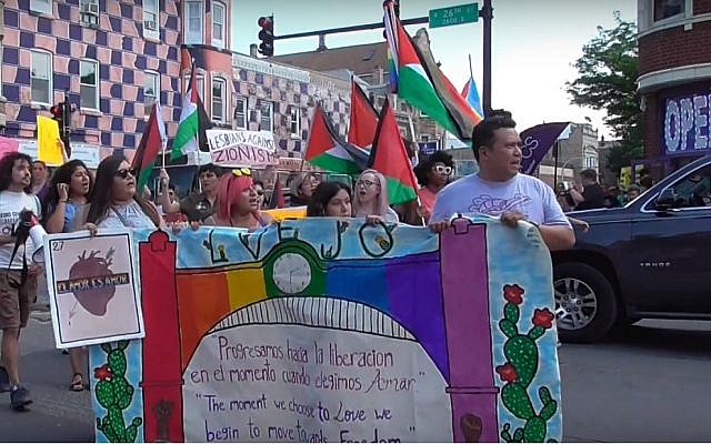 Les participants à la Dyke March de Chicago, munis de drapeaux palestiniens, en 2018. (Crédit : capture d'écran Windy City Times)
