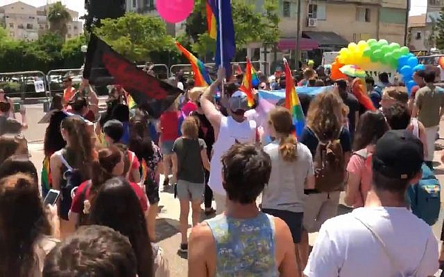 Les participants à la toute première Gay Pride de Kfar Saba, le 1er juin 2018 (Capture d'écran : Ynet news) Les participants à la toute première Gay Pride de Kfar Saba, le 1er juin 2018 (Capture d'écran : Ynet news)