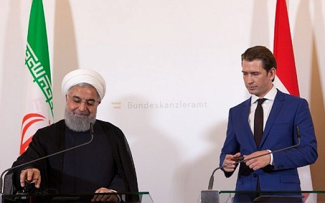 Le chancelier autrichien Sebastian Kurz et le président iranien Hassan Rouhani lors d'une conférence de presse conjointe à la chancellerie, à Vienne, le 4 juillet 2018. (Crédit : AFP / ALEX HALADA) Le chancelier autrichien Sebastian Kurz et le président iranien Hassan Rouhani lors d'une conférence de presse conjointe à la chancellerie, à Vienne, le 4 juillet 2018. (Crédit : AFP / ALEX HALADA)