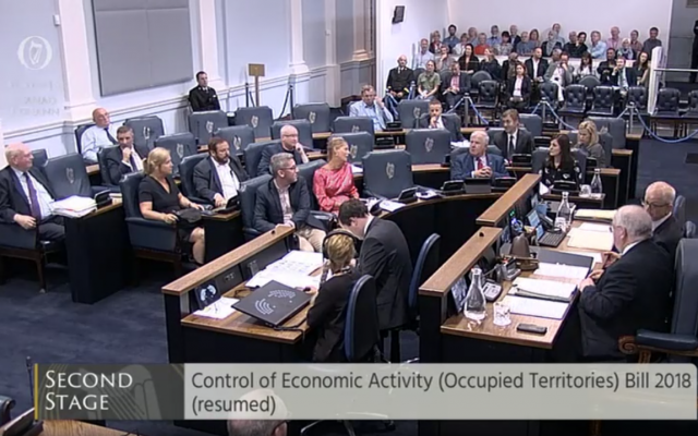 Le Sénat irlandais débat d'une loi interdisant le commerce de bien provenant de colonies, le 11 juillet 2018 (Crédit : capture d'écran oireachtas.ie)