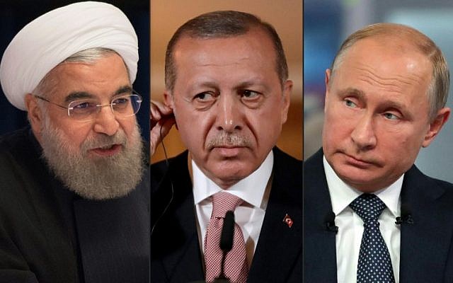 (Montage) De gauche à droite : le président iranien Hassan Rouhani à New York, le 22 septembre 22 ; le président turc Recep Tayyip Erdogan à Londres le 15 mai 2018 et le président russe Vladimir Poutine le 7 juin 2018 à Moscou. Ils sont réunis à Téhéran le 7 septembre pour un sommet tripartite sur le sort de la province d'Idleb, en Syrie. (Crédits : AFP PHOTO / AFP PHOTO et SPUTNIK) (Montage) De gauche à droite : le président iranien Hassan Rouhani à New York, le 22 septembre 22 ; le président turc Recep Tayyip Erdogan à Londres le 15 mai 2018 et le président russe Vladimir Poutine le 7 juin 2018 à Moscou. Ils sont réunis à Téhéran le 7 septembre pour un sommet tripartite sur le sort de la province d'Idleb, en Syrie. (Crédits : AFP PHOTO / AFP PHOTO et SPUTNIK)
