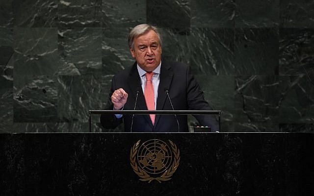 Antonio Guterres, secrétaire-général des Nations unies, s'exprime durant le débat général de la 73ème session de l'Assemblée générale des Nations unies à New York, le 25 septembre 2018 (Crédit : AFP PHOTO / TIMOTHY A. CLARY) Antonio Guterres, secrétaire-général des Nations unies, s'exprime durant le débat général de la 73ème session de l'Assemblée générale des Nations unies à New York, le 25 septembre 2018 (Crédit : AFP PHOTO / TIMOTHY A. CLARY)
